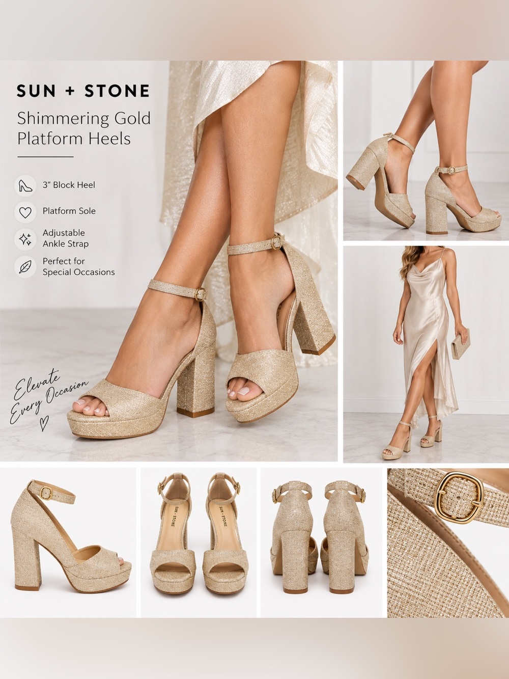 Sun + Stone Gold Shimmer Platform Block Heels Ankle Strap Size 8 NWT
